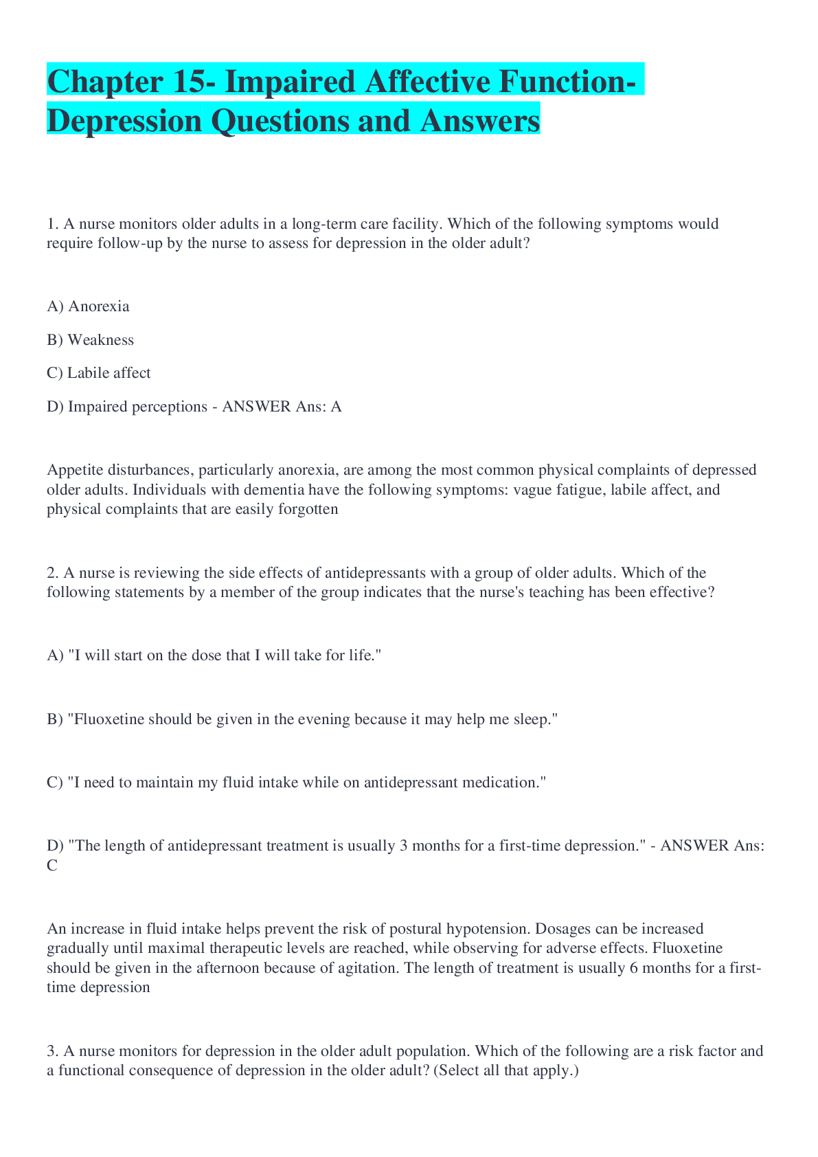 Preview image of Chapter 15- Impaired Affective Function- Depression Questions and Answers document